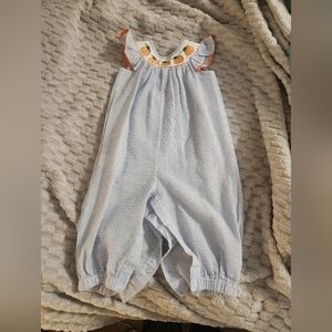 Blue Searsucker Baby Romper with Pumpkin Detail